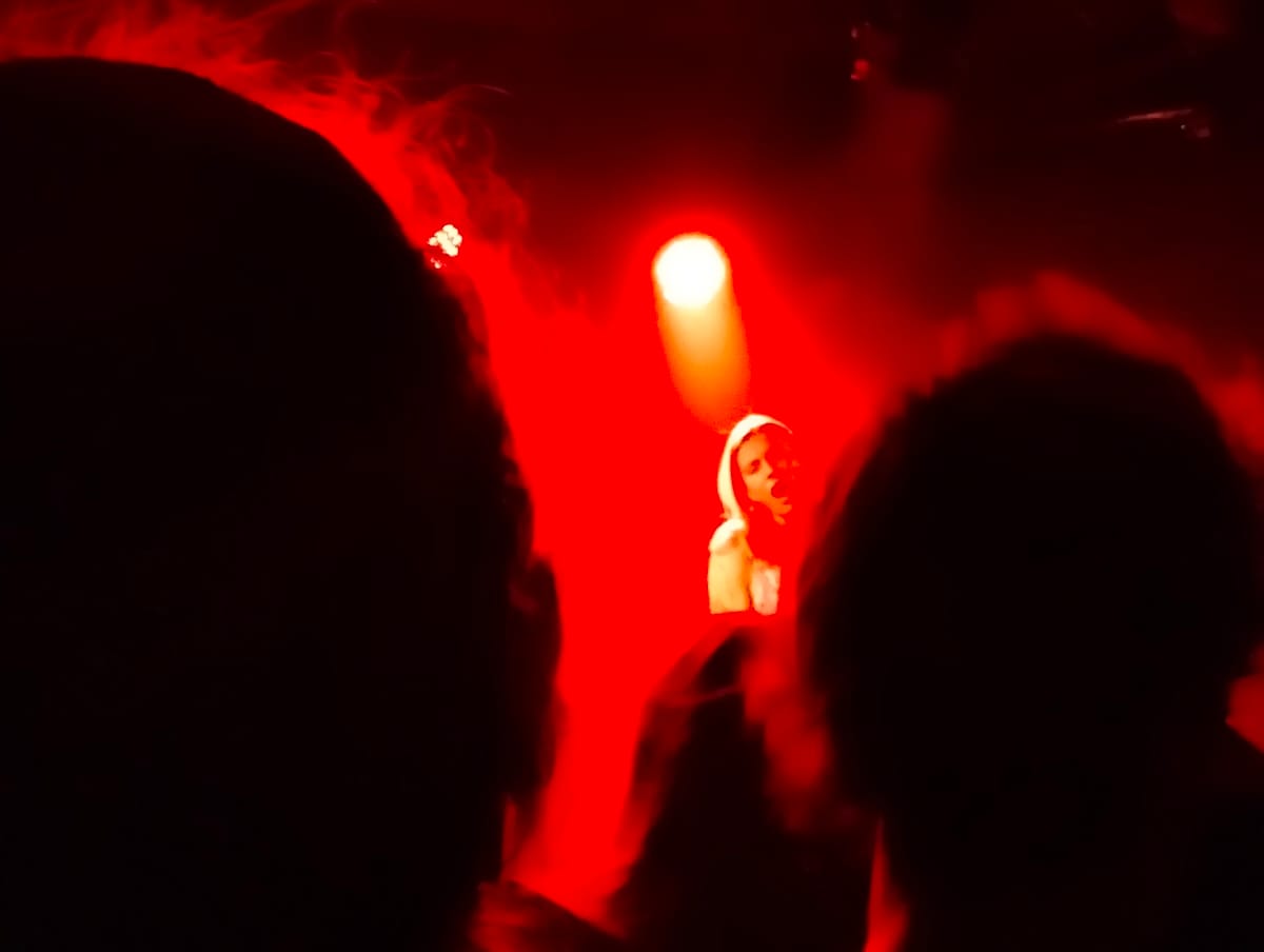 The vocalist of Dumbhead on stage with large heads blocking the view