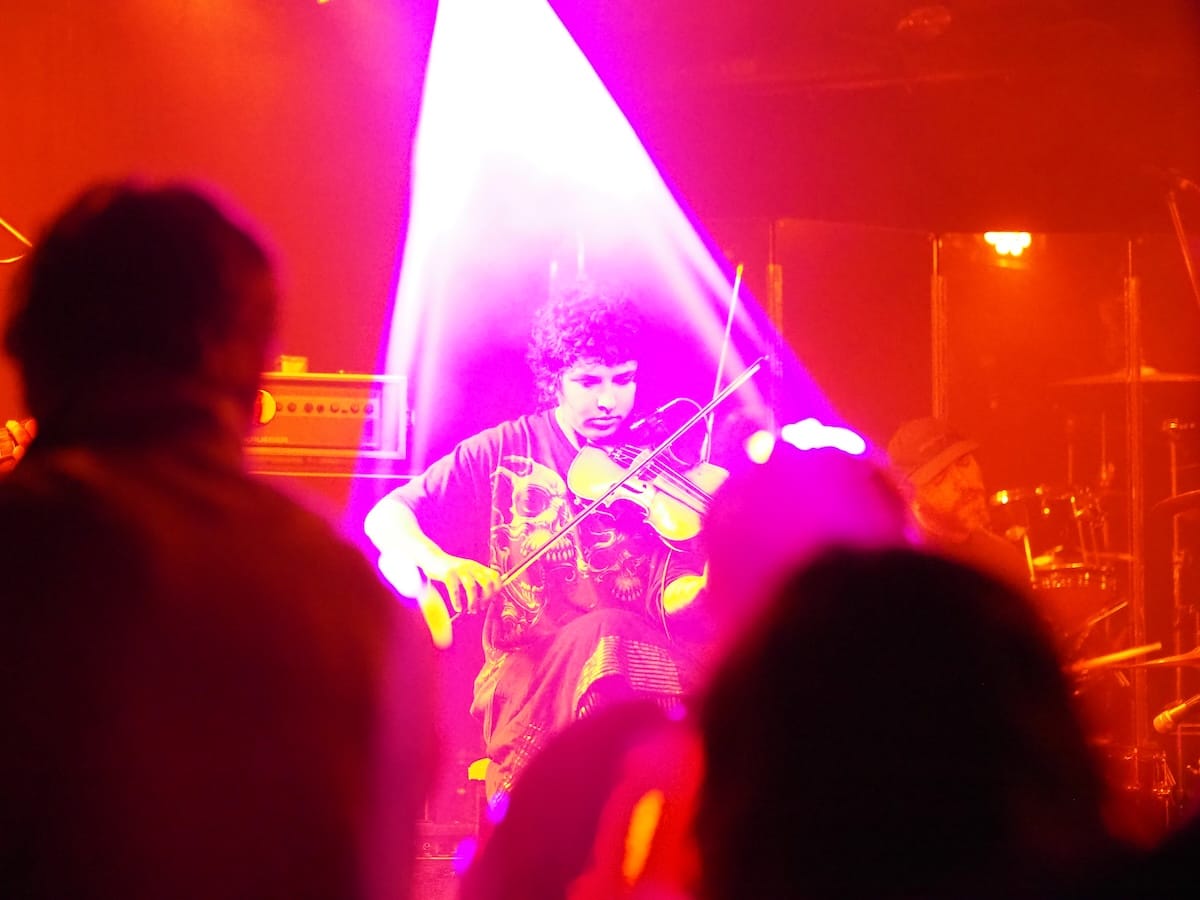 The violinist from Twine under a ray of stage lighting.