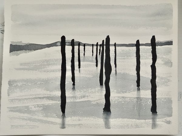 Watercolour painting of three lines of decaying posts off a coastline