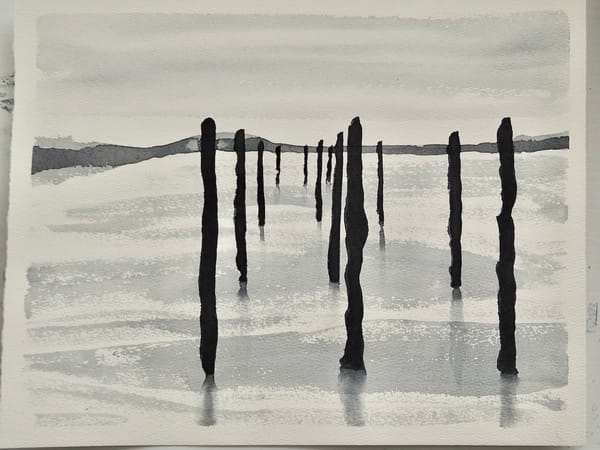 A watercolour painting of posts in water and land on the horizon
