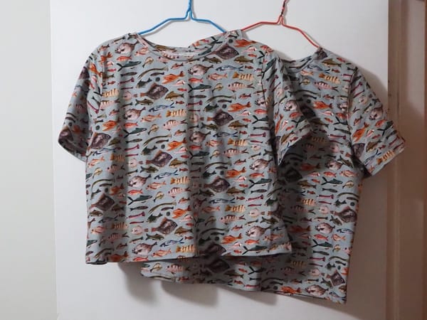 Two fish print shirts hanging from a door.