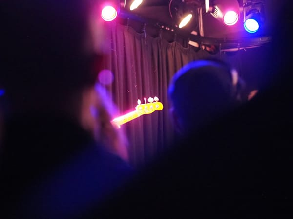 The view of the stage is obscured by tall people.